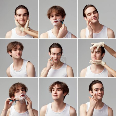 Foto de Collage. Handsome young man in singlet taking care after skin with cosmetics and cosmetological treatment against grey studio background. Concept of mens health, body and skin care, hygiene - Imagen libre de derechos