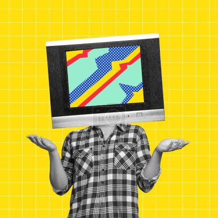 Photo for Contemporary art collage. Man in checkered shirt with retro TV head over yellow background. Mass media influence. Concept of news, information, creativity. Complementary colors. Magazine style. - Royalty Free Image