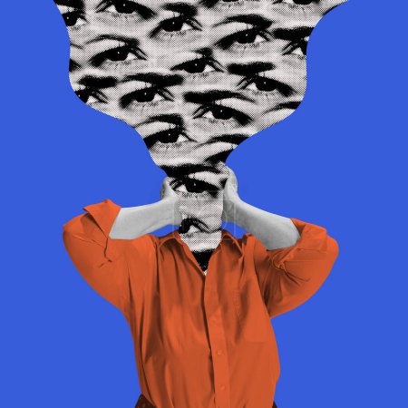 Foto de Contemporary art collage. Woman holding endless flow from head with many human eyes. Social media influence. Concept of emotions, influence, inner world. Complementary colors. Magazine style. - Imagen libre de derechos