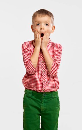 Foto de Niño, niño con camisa a cuadros rosa y pantalones verdes posando con la cara impactada contra fondo gris estudio. Concepto de infancia, juego, emociones, actividad, tiempo libre, estilo retro, moda. - Imagen libre de derechos