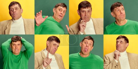 Téléchargez les photos : Collage. Portraits d'un homme mûr d'âge moyen posant avec différentes émotions sur fond de studio vert et jaune. Concept d'émotions, style de vie, expression faciale, plaisir. Publicité - en image libre de droit