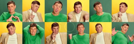 Foto de Collage. Retratos de un hombre maduro y de mediana edad posando con diferentes emociones sobre un fondo de estudio verde y amarillo. Concepto de emociones, estilo de vida, expresión facial, diversión. Anuncio - Imagen libre de derechos