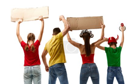Photo for Back view. Group of young people protesting, emotionally shouting over white background. Demonstration and resistance. Concept of human rights, freedom and equality, political issues - Royalty Free Image