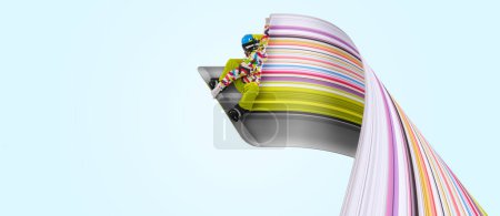 Photo for Contemporary art. Creative artwork with abstract design element. Professional male athlete, snowboarder in uniform training over blue background. Winter sports, speed, energy, extreme sport concept - Royalty Free Image
