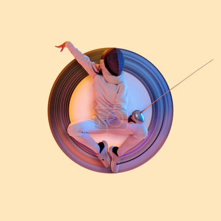 Photo for Modern design. Contemporary art collage with abstract design element. Young girl fencing in neon light. Training in jump. Sport, healthy lifestyle, movement, advertising. Professional sport - Royalty Free Image