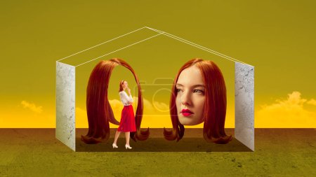 Photo for Creative surreal design. Contemporary art collage. Young redhead woman choosing todays personality. Illusion home. Inner world and feelings. Concept of surrealism, psychology, creative vision - Royalty Free Image