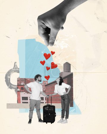 Photo for Contemporary art collage. Creative design. Romantic travelling. Young happy man and woman, couple going to romantic trip together. Concept of family, love, relationship, emotions and feelings. Banner - Royalty Free Image
