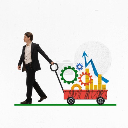 Photo for Creative modern conceptual design. Man carrying on little truck graphs and mechanism of strategy for company growing. Statistics. Market research, business, strategy, analytics, social media concept - Royalty Free Image