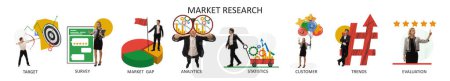 Photo for Set of icons of market research banner. Target, survey, market gap, analytics, statistics, customers, trends and evaluation. Concept of marketing, business, strategy, analytics and social media - Royalty Free Image