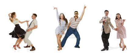 Foto de Collage. Hombres y mujeres jóvenes en trajes de estilo retro vintage bailando danza social aislada sobre fondo blanco. Concepto de arte de los movimientos, danza clásica, moda retro, cultura y estilo de vida - Imagen libre de derechos