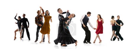 Photo for Collage. Dance aesthetics. Group of people, dancers performing various dance styles isolated over white studio background. Concept of art of movements, classical dance, retro fashion, culture - Royalty Free Image