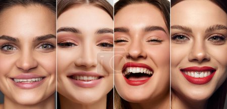 Photo for Collage. Close-up images of female faces with nude makeup and smooth healthy skin. Young girls smiling. Teeth dental care. Concept of natural beauty, cosmetology and cosmetics, skincare. Banner - Royalty Free Image