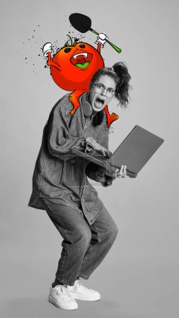 Photo for Contemporary art collage. Black and white image of young girl, student with laptop with colorful cartoon style tomato character showing fear. Concept of surrealism, imagination and creativity - Royalty Free Image