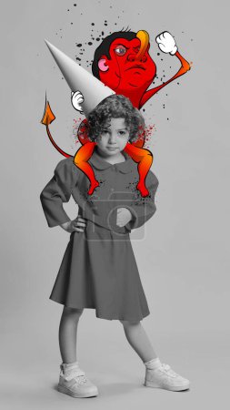 Photo for Contemporary art collage. Conceptual design. Black and white image of little girl, child with colorful cartoon monster on shoulders. Concept of surrealism, fantasy, childhood, imagination - Royalty Free Image