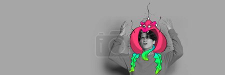 Photo for Contemporary art collage. Conceptual design. Black and white emotional man with sad disappointed face and colorful cartoon style character on shoulders. Surrealism, imagination and creativity concept - Royalty Free Image