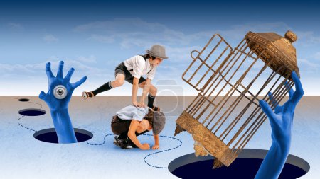 Photo for Two little boys, brothers, playing together on futuristic space, jumping into cage. Surrealist. Hide and seek. Contemporary conceptual art collage. Concept of childhood, dreams, fantasy - Royalty Free Image