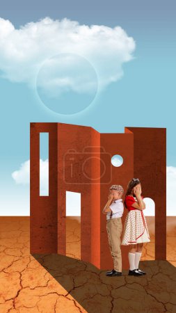 Photo for Hide and seek game. Little boy and girl, children covering eyes and playing over abstract surreal background. Futurism. Contemporary conceptual art collage. Concept of childhood, dreams, fantasy - Royalty Free Image