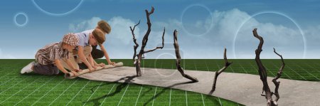 Photo for Little boys, kids in retro clothes playing together rolling carpet over abstract grass and sky background. Contemporary conceptual artwork. Surrealism. Concept of childhood, dreams, fantasy. Banner - Royalty Free Image