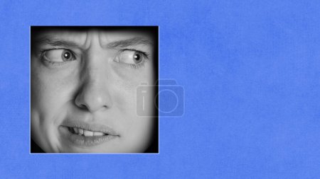 Photo for Emotive female face against blue background. Questioning, awkward, tense face. Contemporary art collage. Conceptual design. Concept of creativity, abstract art, imagination and inspiration. - Royalty Free Image