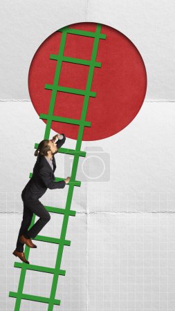 Photo for Motivated and ambitious businessman climbing upwards the ladder. Taking professional risks. Working on success. Contemporary art collage. Conceptual design. Concept of business, career development - Royalty Free Image