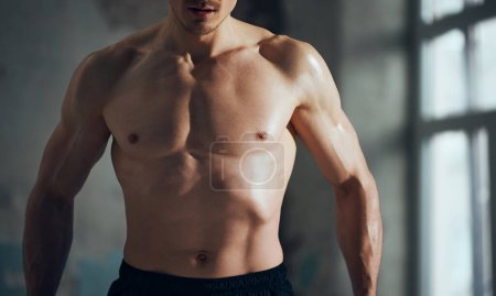 Photo for Cropped image of young man posing shirtless indoors. Relief, strong, muscular body shape. Attractive male body. Concept of sportive lifestyle, body care, fitness, hobby, health, diet - Royalty Free Image