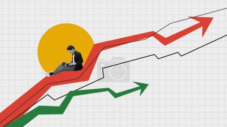 Photo for Motivated young male employee sitting on financial graphs, analytics and working on laptop. Strategy making. Freelance job. Contemporary art. Creative design. Business, professional occupation concept - Royalty Free Image