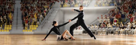 Téléchargez les photos : Concours de danse. Jeune homme et femme, beaux danseurs de tango faisant des performances artistiques, dansant sous les projecteurs. Public 3D flou en arrière-plan. Concept d'art, mouvements, beauté, hobby - en image libre de droit