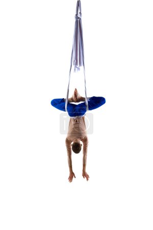 Téléchargez les photos : Lévitation. Jeune homme, acrobate aérien professionnel, entraînement de gymnaste avec rubans aériens sur fond de studio blanc. Je suis pendu à l'envers. Concept d'art, style de vie sportif, action et mouvement - en image libre de droit