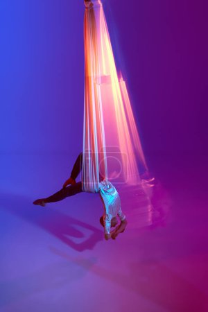 Foto de Hombre joven, gimnasta aérea profesional, entrenamiento acróbata en tela aérea contra degradado azul púrpura fondo del estudio en neón con luces mixtas. Concepto de arte, estilo de vida deportivo, acción, movimiento - Imagen libre de derechos