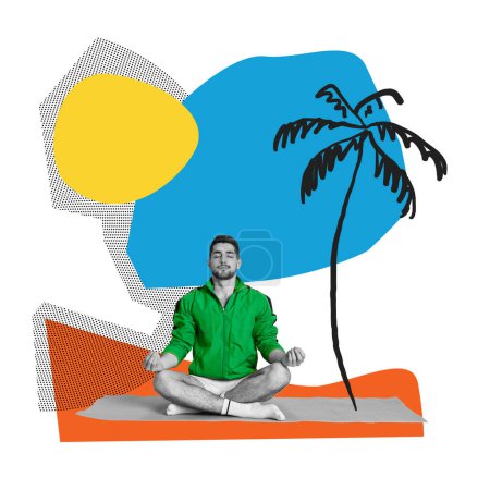 Foto de Hombre joven en vacaciones de verano haciendo meditación cerca de las palmas bajo el sol. Relajación y calma. collage de arte contemporáneo. Concepto de estilo de vida deportivo, arte, creatividad. Diseño colorido. - Imagen libre de derechos