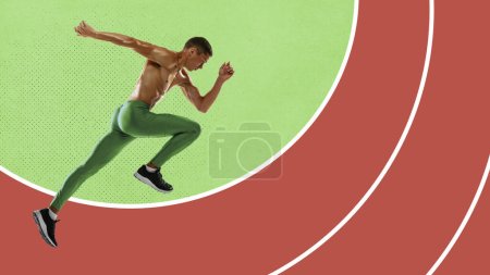 Photo for Young muscular man, professional runner, athlete training, running at drawn stadium. Speed and endurance. Contemporary art collage. Concept of sport, competition, action and motion. Creative design - Royalty Free Image