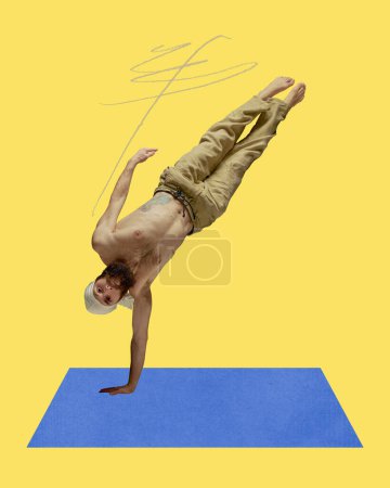 Foto de Hombre barbudo musculoso practicando yoga, haciendo ejercicios sobre fondo amarillo. collage de arte contemporáneo. Concepto de deporte, salud, acción y movimiento, meditación. Diseño creativo - Imagen libre de derechos