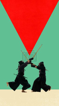 Photo for Two martial arts fighters, professional kendo athletes training, fighting with swords against abstract background. Contemporary art collage. Concept of sport, competition, motion. Creative design - Royalty Free Image