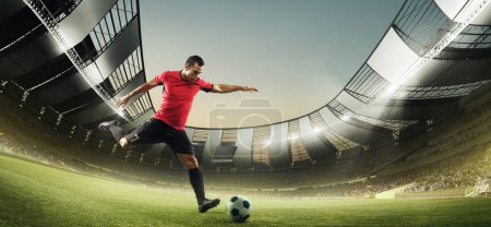 Photo for Young man, professional football player in motion during game , dribbling ball at open air 3D stadium with flashlight. Fish-eye style. Concept of match, sport, competition, action and motion, cup. - Royalty Free Image