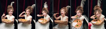 Téléchargez les photos : Ensemble de portraits de petite fille, enfant à l'image de la personne royale médiévale mangeant de la pizza. Délicieux. Concept de remake historique, comparaison des époques, mode médiévale, émotions, enfance - en image libre de droit