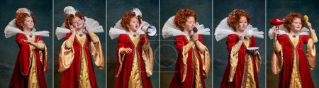 Photo for Set of portraits of little redhead girl in image of medieval royal person posing against dark vintage background. Concept of comparison of eras, modernity and renaissance, baroque style. Collage. - Royalty Free Image