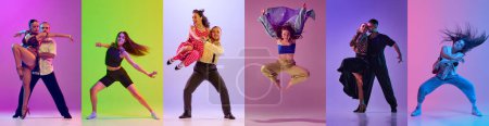 Photo for Set of images of young people dancing different dance styles, ballroom, hip-hop and contemporary dance against multicolored background in neon light. Concept of art, fashion, retro and modern style - Royalty Free Image