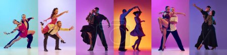 Foto de Conjunto de imágenes dinámicas de parejas jóvenes, hombres y mujeres en ropa elegante bailando retro, tango y baile de salón sobre fondo multicolor en neón. Concepto de arte, hobby, moda. Collage. - Imagen libre de derechos