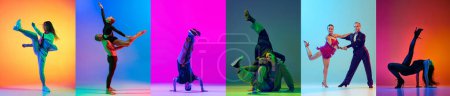 Foto de Jóvenes artistas talentosos, hombres y mujeres con elegantes trajes de escenario bailando sobre fondo multicolor en luz de neón. Collage. Concepto de arte, hobby, moda, juventud, coreografía - Imagen libre de derechos