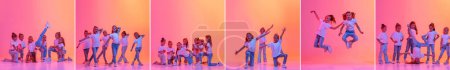 Foto de Collage. Baile hip-hop, al estilo de la calle. Grupo de niños en ropa de estilo casual bailando contemp sobre fondo rosa en luz de neón amarillo. Concepto de música, moda, infancia, hobby, arte - Imagen libre de derechos