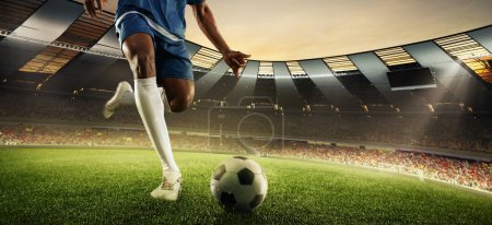 Photo for Kicking the ball. Dynamic collage with football player in action at stadium during football match over 3D model of stadium. Concept of sport, active lifestyle, team game, energy, achievements, art, ad - Royalty Free Image