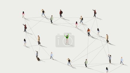 Aerial view. Young girl dancing around back view of crowd of different people connected with social media lines against white background. Human cooperation, online technology, modern lifestyle concept