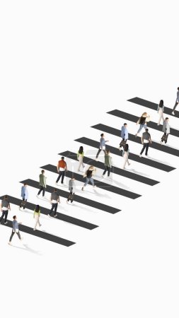 Photo for Job fair, employment and education. Group of different people walking on pedestrian crossing over white background. Aerial view. Concept of human cooperation, online, modern lifestyle. Vertical layout - Royalty Free Image