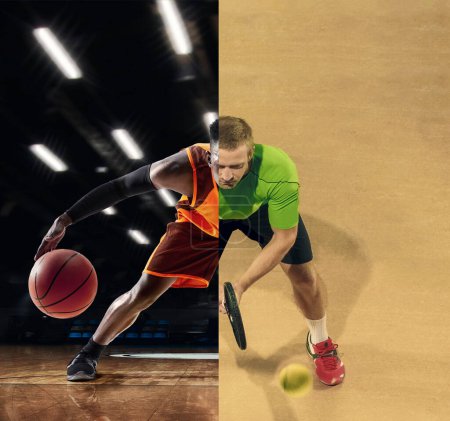 Photo for Composite image of bearded man doing different kinds of professional sport basketball, tennis over 3D model sport court background. Active lifestyle, sport, health, male hobby, activity, ad concept - Royalty Free Image