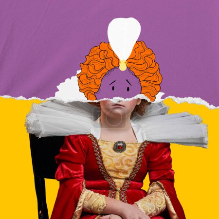 Photo for Contemporary art collage with doodles. Little red-headed girl, child in costume of royal person with drawn elements. Concept of historical remake, comparison of eras, medieval fashion, emotions, queen - Royalty Free Image