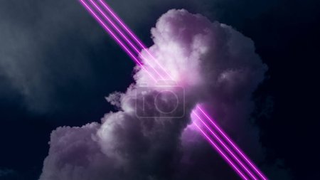 Lignes violettes fluo traversant le nuage, fumée la nuit sur fond sombre. Conception abstraite créative pour papier peint, fond, bannière. Art abstrait, futuriste, vitrine, vision moderne.