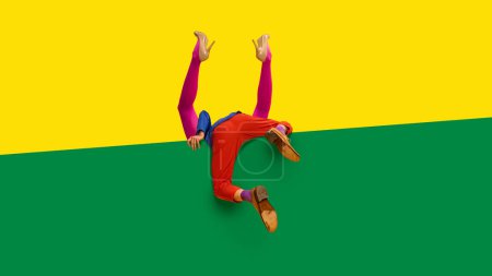 Male and female legs in pink tights and red trousers hiding, sticking out vivid yellow and green background. Love, romance and relationship. Complementary colors. Concept of fashion, creative vision