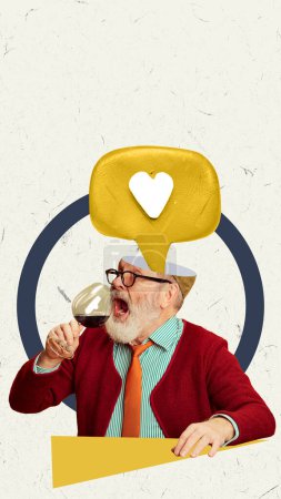 Photo for Senior man, professor drinking wine, social media like appearing over head. Influencer. Contemporary art collage. Concept of social media, education, occupation, inspiration. Creative design - Royalty Free Image
