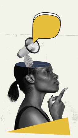 Photo for Young african woman with speech bubble and megaphone over head. Expression of opinion. Contemporary art collage. Concept of mass media, news, information, journalism, business, freedom of speech - Royalty Free Image