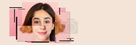 Photo for Female face made from different face parts of women of various races. Contemporary artwork. Modern design. Concept of multi ethnicity, equality, diversity, human rights. Banner. Copy space for ad - Royalty Free Image